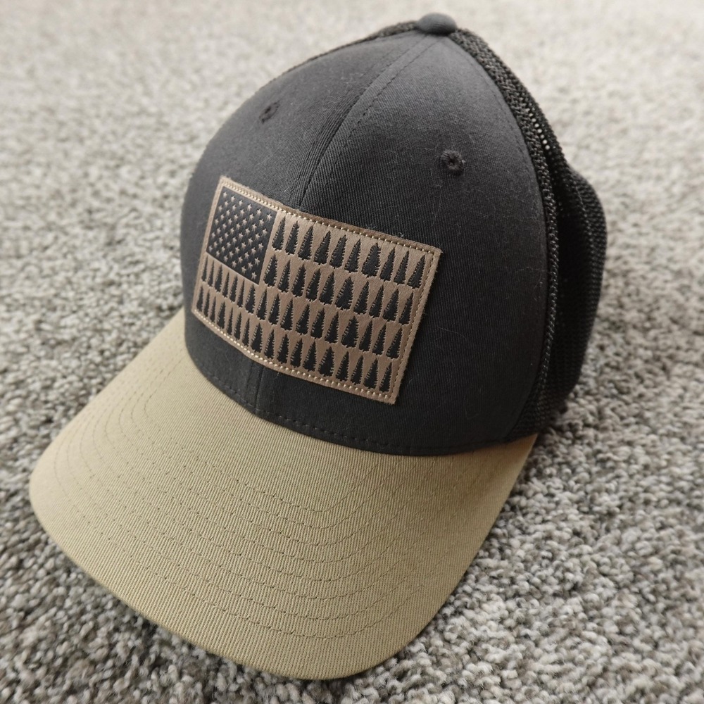 Columbia Hat Cap Fitted Mens XL Black Tan Trucker Flexfit Mesh Outdoor Tree Logo